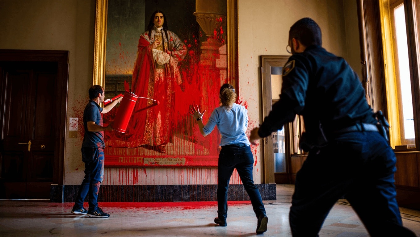 This was the moment activists splashed red paint over huge Christopher Columbus canvas in Madrid museum