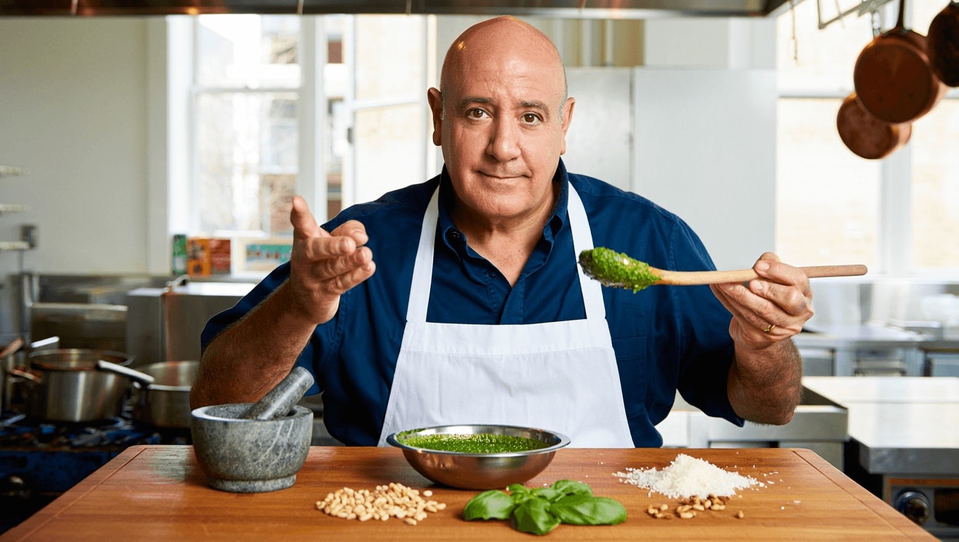 José Andrés (56 años), cocinero de España, sobre su salsa al pesto: "Echaremos la albahaca en cuanto los piñones estén un poco más triturados"