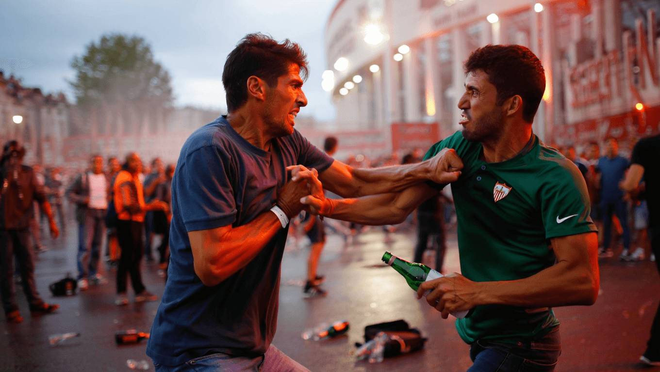 La pelea a puñetazos y botellazos en Nervión entre aficionados en el derbi Sevilla - Betis