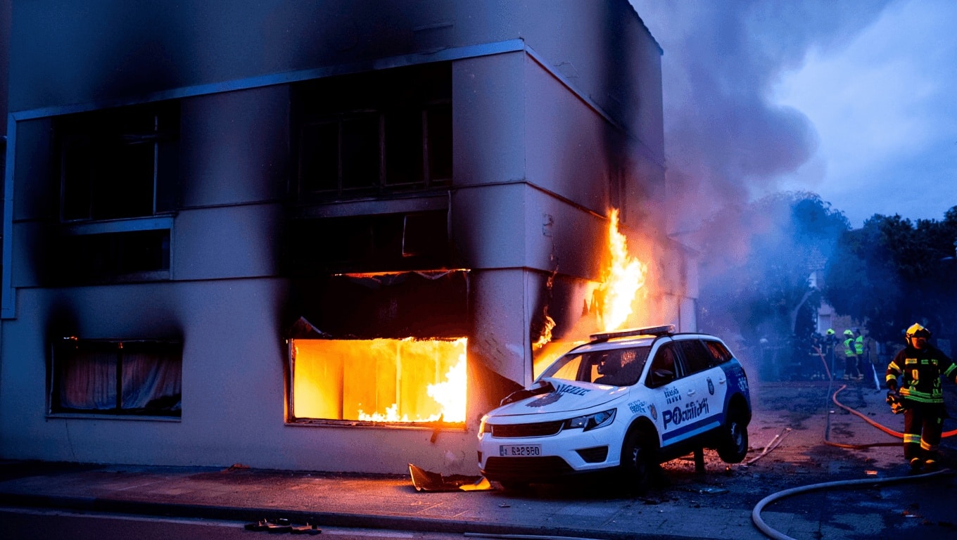 National Police vehicle crashes into a house in Valencia, causing a fire