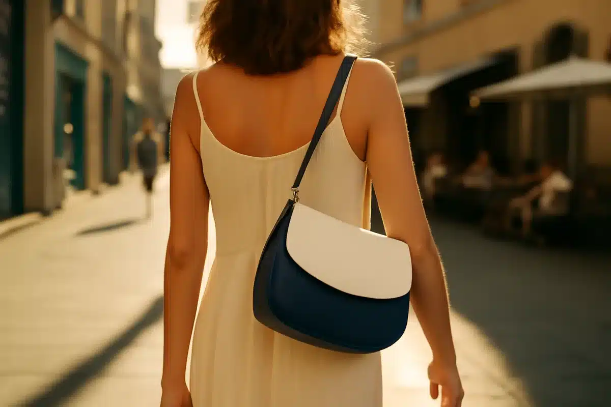 Hombro bicolor blanco y azul: un guiño náutico y moderno (99,99 €) — El bolso de hombro bicolor, mezcla de blanco y azul, regresa con fuerza. Su combinación cromática aporta un aire fresco y veraniego que funciona tanto con vestidos ligeros