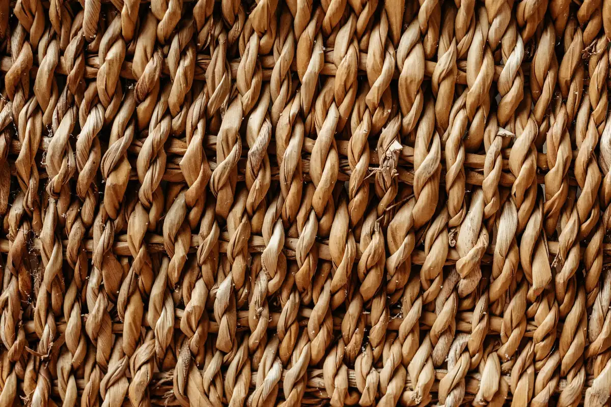 Detalle de texturas naturales: rafia, paja y tejido trenzado en bolsos de verano