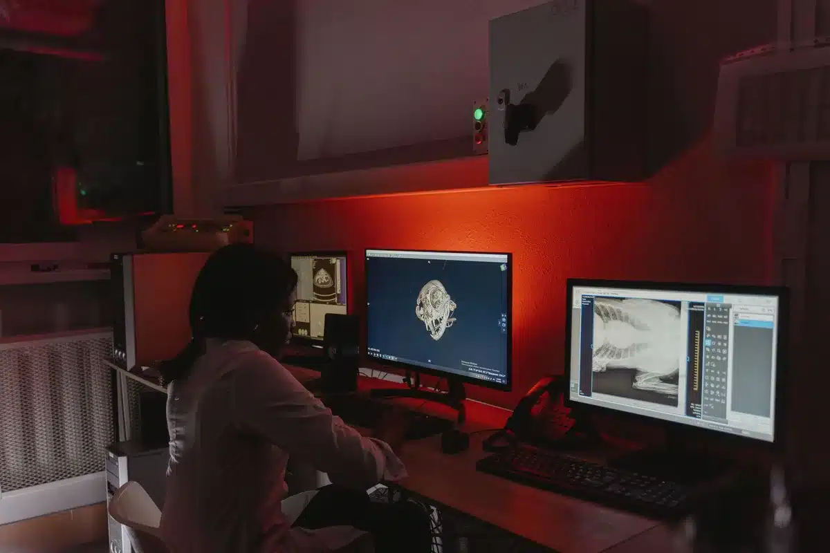 Profesional sanitario analizando datos de pacientes en una pantalla de ordenador en un entorno clínico