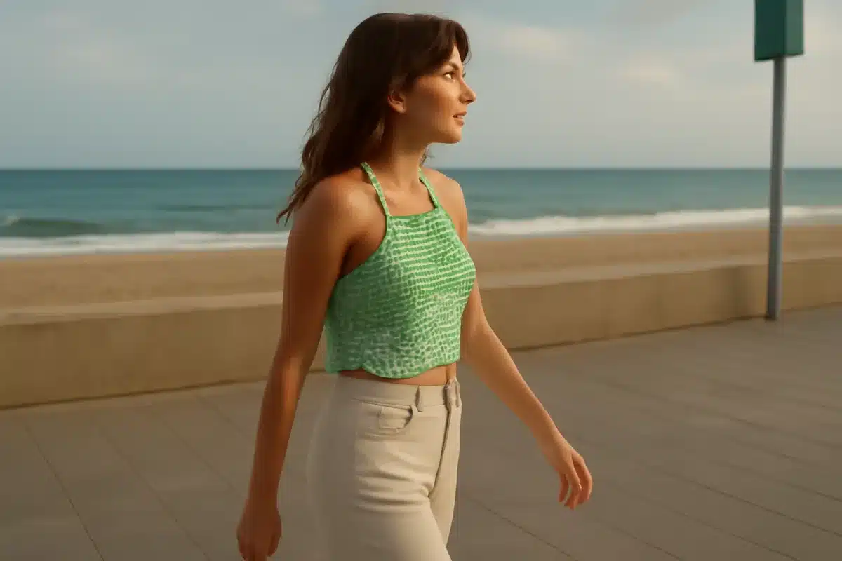 Top de croché: esencia veraniega en versión artesanal — El top de croché en verde menta resume muchas de las tendencias actuales: la vuelta a los tejidos artesanales y la preferencia por colores suaves. Es perfecto sobre un bikini, con pantalones