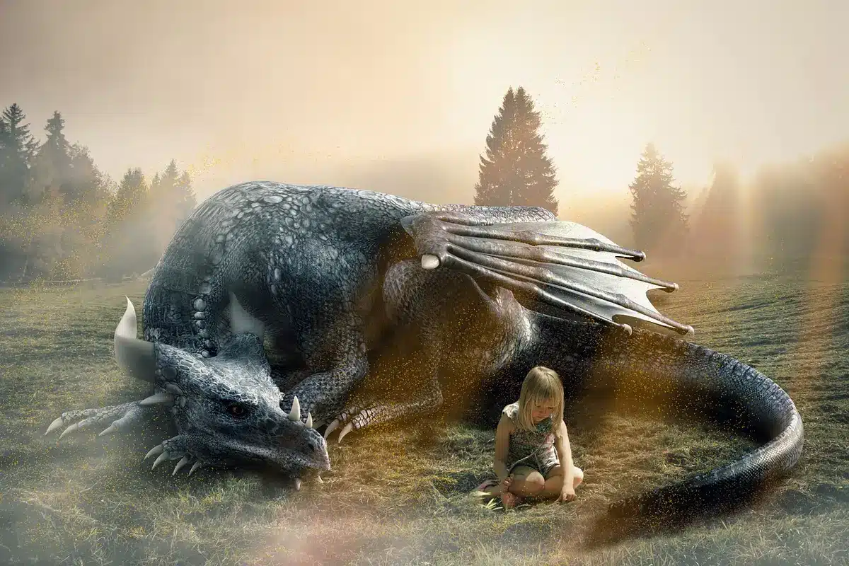 Dragón en vuelo sobre un campo de batalla medieval