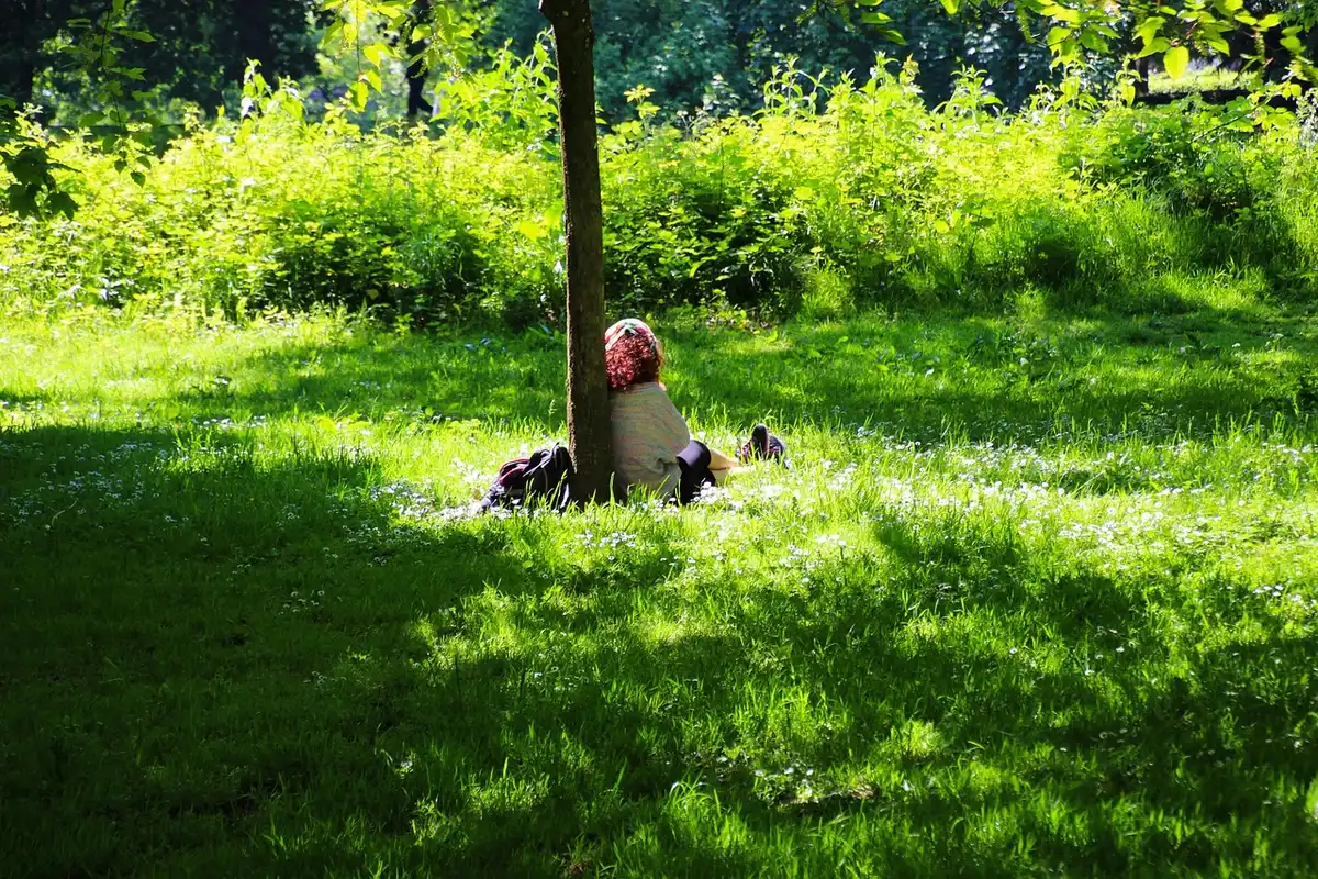 Persona sentada en un parque disfrutando del contacto con la naturaleza y espacios verdes