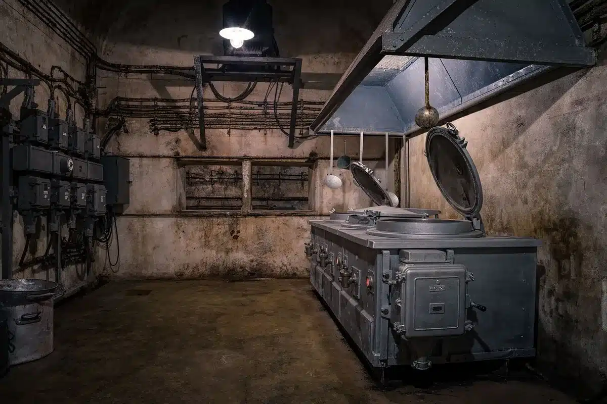 Interior de un búnker con niveles y pasillos que muestran claustrofobia