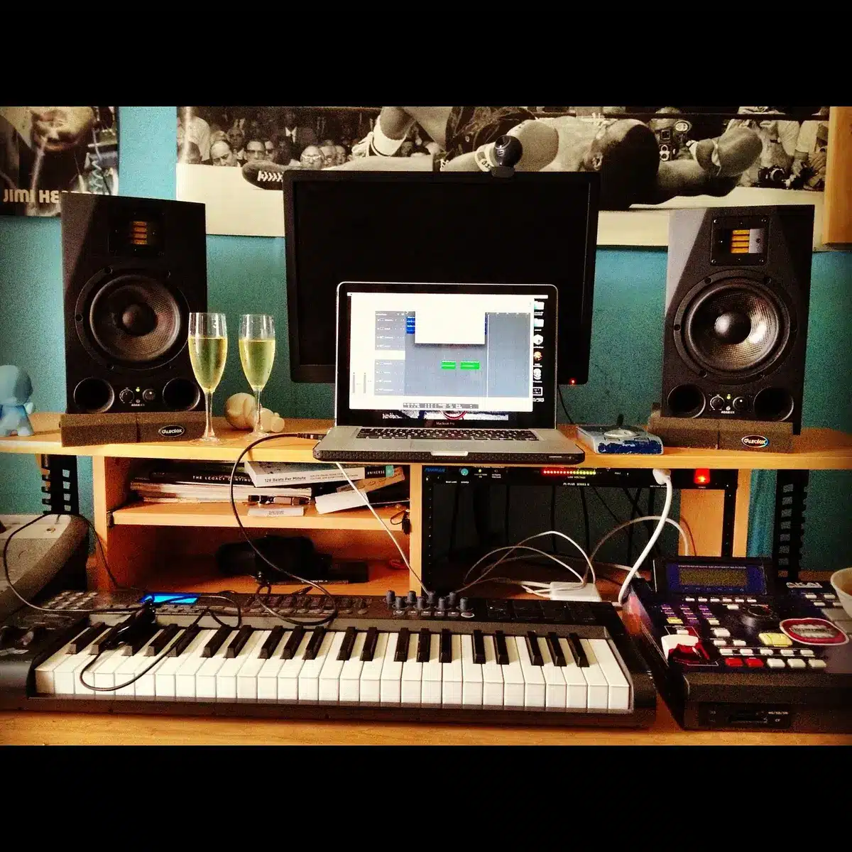 Estudio musical con ordenador y teclado MIDI donde se muestra software de producción