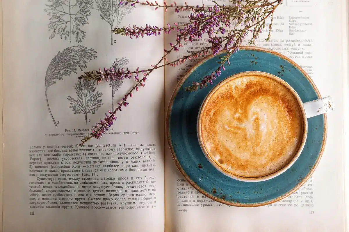 Manos con taza de café junto a prendas de otoño colgadas en un perchero