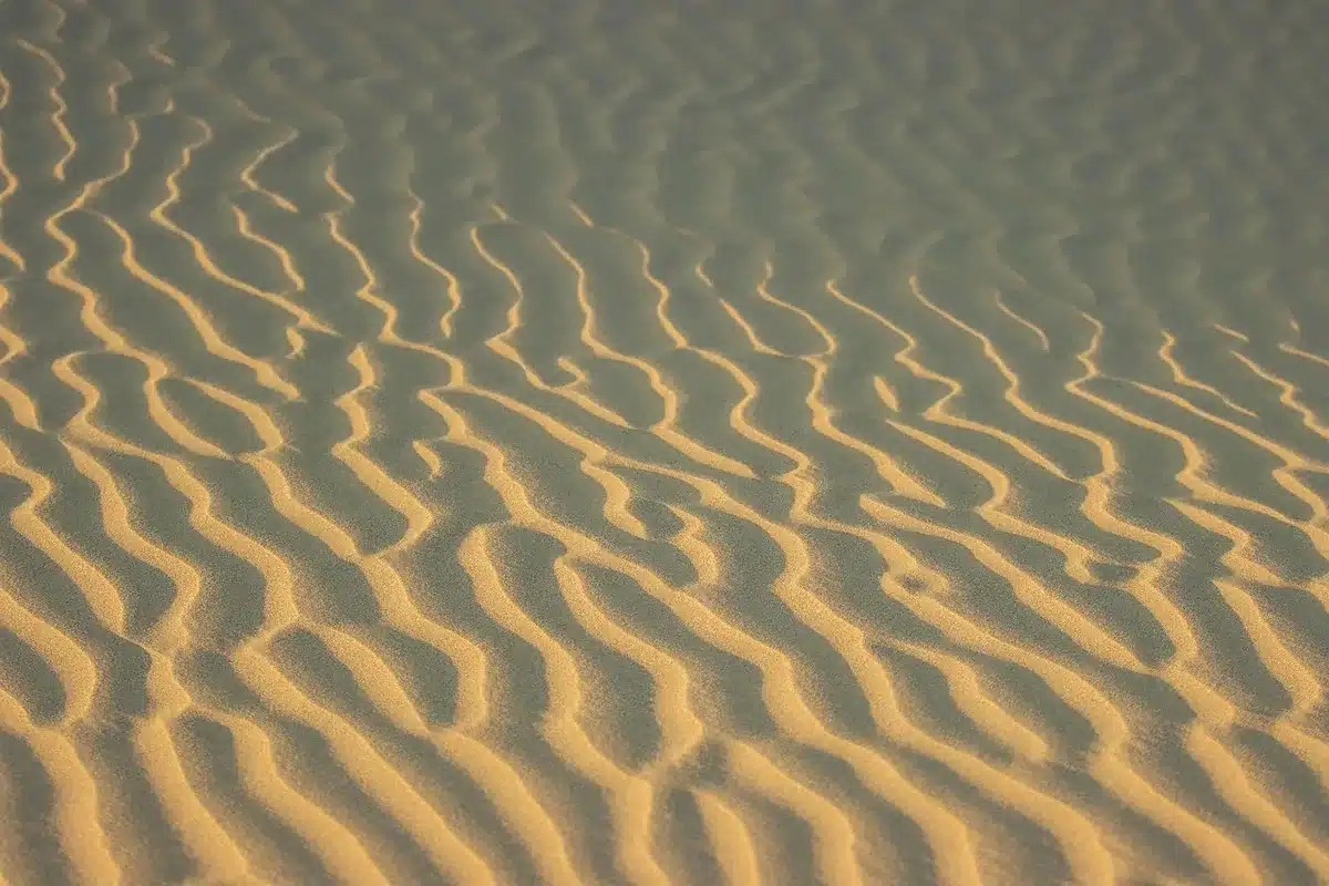 Vista desértica amplia con dunas, dos figuras anónimas y cielo dramático