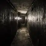 Interior claustrofóbico con manos y herramientas en espacio húmedo y oscuro