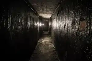 Interior claustrofóbico con manos y herramientas en espacio húmedo y oscuro