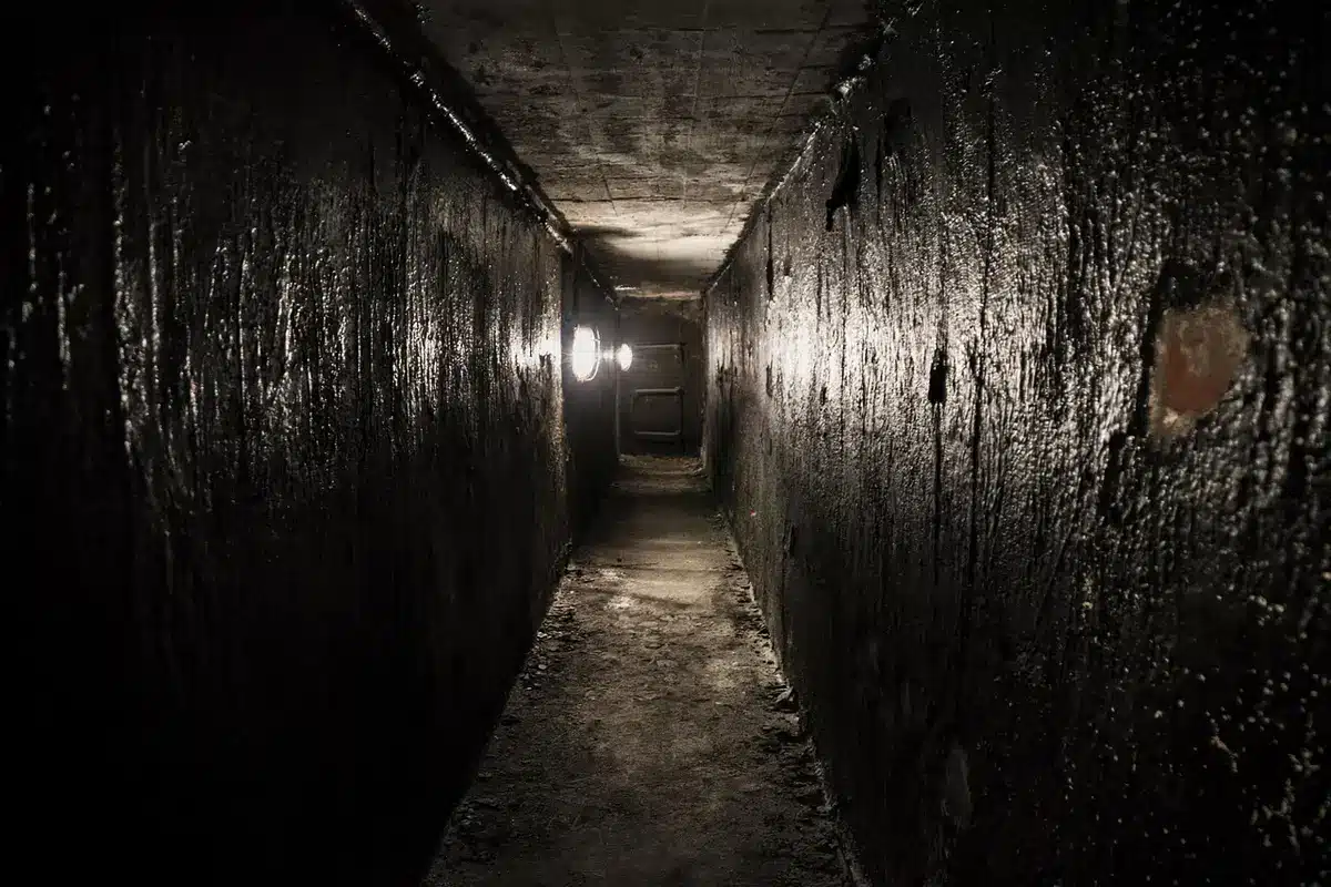 Interior claustrofóbico con manos y herramientas en espacio húmedo y oscuro